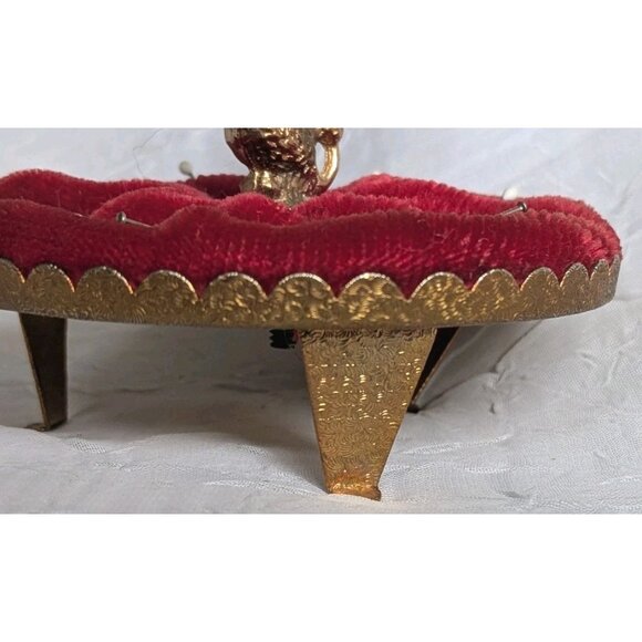 French Poodle Pin Cushion Pearl Gold Trinket Red Velvet Dog Jewelry Dish 60s Vtg - Picture 8 of 16